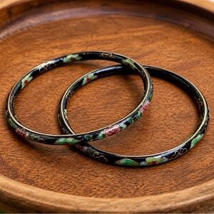 Vintage Cloisonné Enamel Floral Bangles Set of 2 Stackable Black
